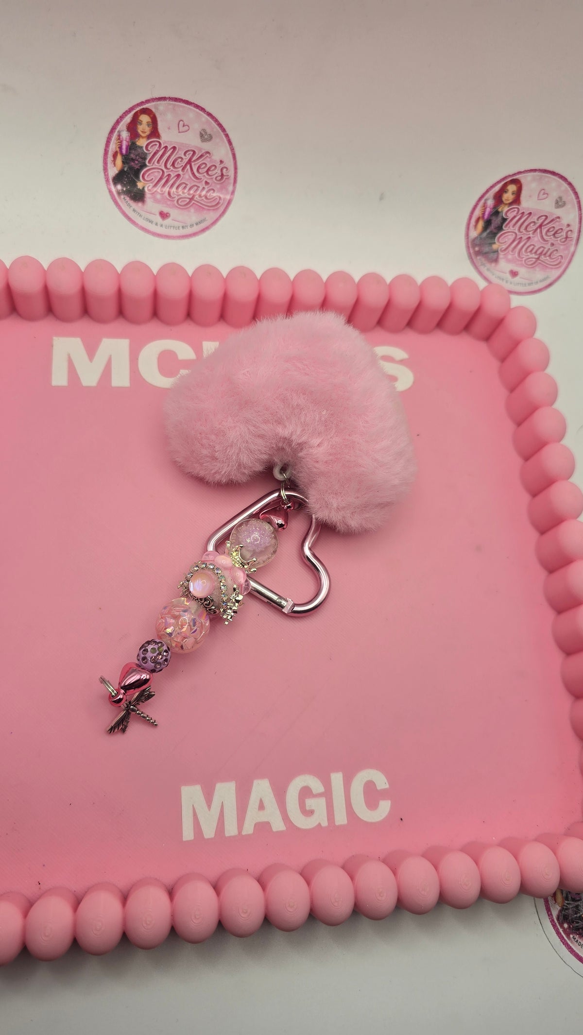 Pink fluffy heart keyring
